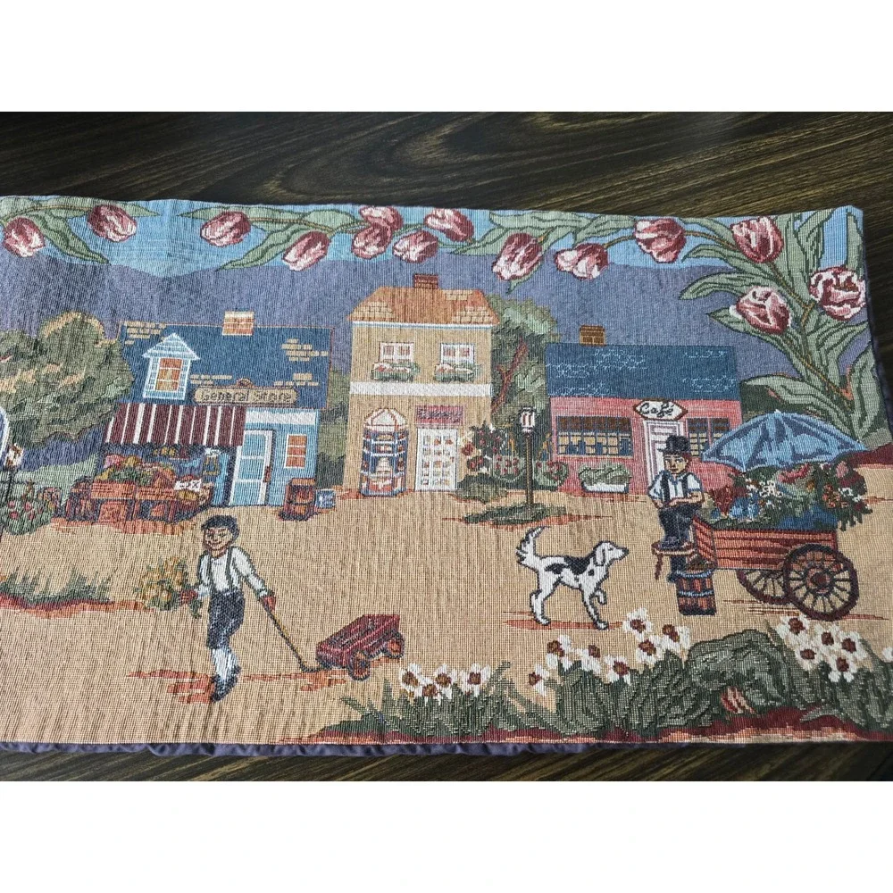 Tapestry Table Runner Village Scene Tulip Border Cottagecore Decor‎ 33x11